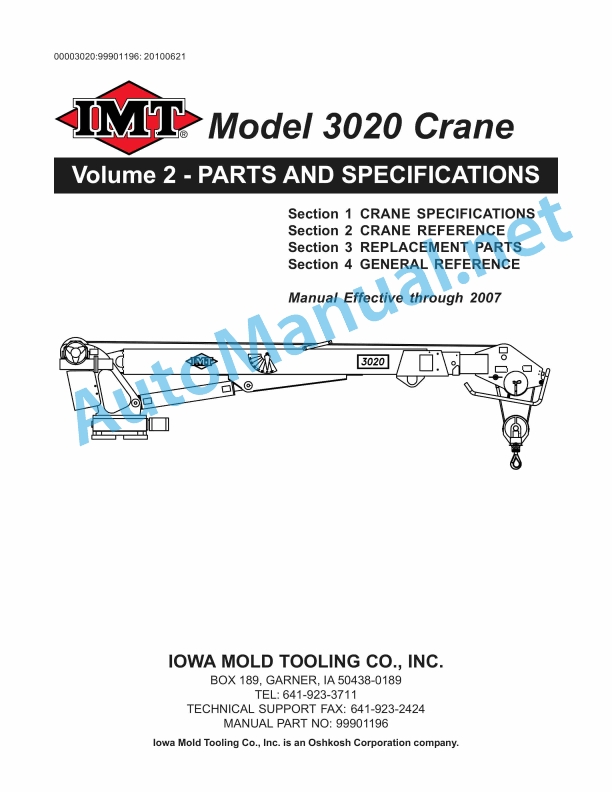 IMT Model 3020 Crane Volume 2 - PARTS AND SPECIFICATIONS 9901196 Effective through 2007