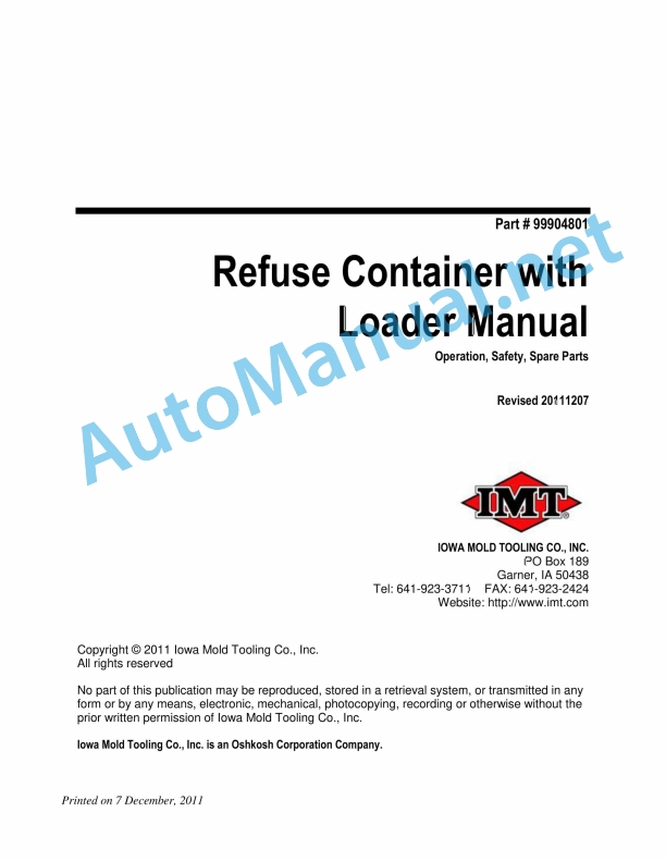 IMT Refuse Container with Loader Operation, Safety, Spare Parts Part # 99904801 Revised 2011-12-07