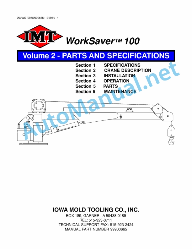 IMT WorkSaver 100 Volume 2 - Parts and Specifications 99900665 19991014 1 IMT WorkSaver 100 Volume 2 - Parts and Specifications 99900665 19991014