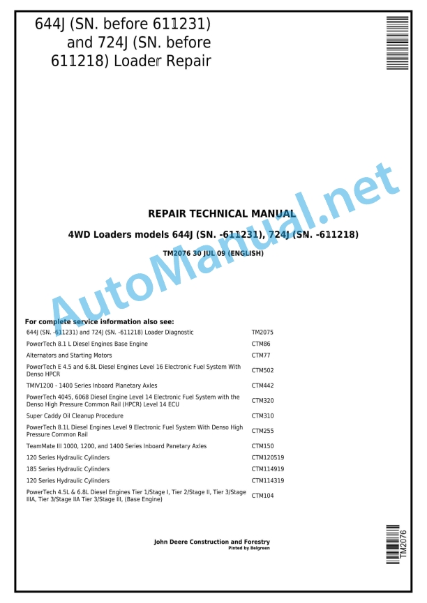 John Deere 4WD Loaders models 644J (SN. -611231), 724J (SN. -611218) Technical Manual TM2076 July 30, 2009
