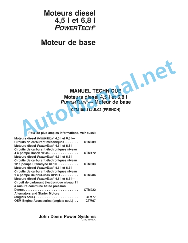 John Deere Diesel Engines 4.5 L and 6.8 L PowerTech - Base Engine Component Technical Manual CTM105 11JUL02 French
