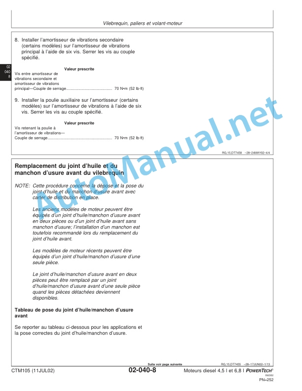 John Deere Diesel Engines 4.5 L and 6.8 L PowerTech - Base Engine Component Technical Manual CTM105 11JUL02 French 3 John Deere Diesel Engines 4.5 L and 6.8 L PowerTech - Base Engine Component Technical Manual CTM105 11JUL02 French - Image 3