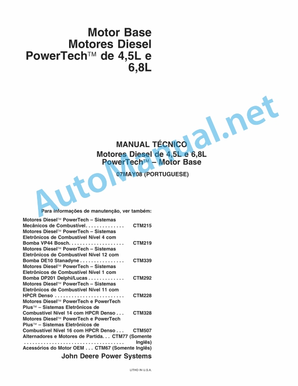 John Deere Diesel Engines PowerTech 4.5L and 6.8L - Motor Base Technical Manual 07MAY08 Portuguese