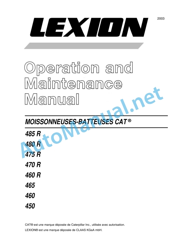 Claas Lexion 485 480 Terra-Trac Cat (568) Combines Operator Manual FR 2 Claas Lexion 485 480 Terra-Trac Cat (568) Combines Operator Manual FR - Image 2