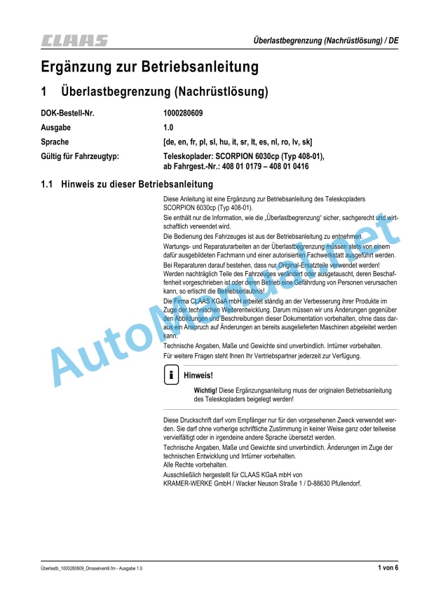 Claas Scorpion 6030 Cp (K10) Telehandlers Operator Manual EN 7 Claas Scorpion 6030 Cp (K10) Telehandlers Operator Manual EN - Image 7
