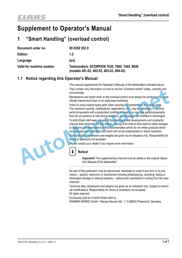 Claas Scorpion 7045 7040 (K04) Telehandlers Operator Manual EN 6 Claas Scorpion 7045 7040 (K04) Telehandlers Operator Manual EN - Image 6