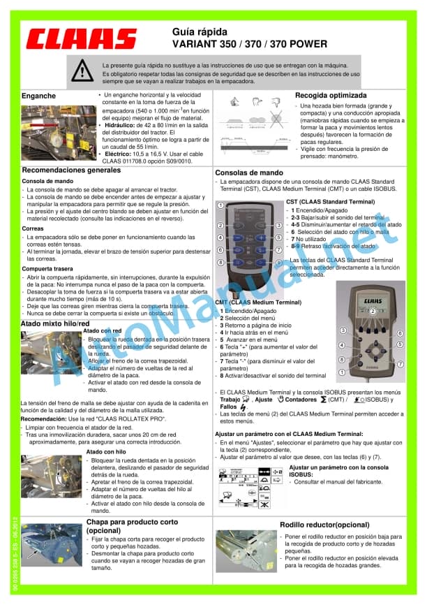 Claas Variant 350 (770) Baler Operator Manual ES 3 Claas Variant 350 (770) Baler Operator Manual ES - Image 3
