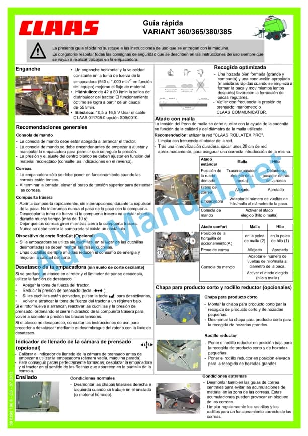 Claas Variant 465 460 365 360 Rc Rf (751) Baler Operator Manual ES 3 Claas Variant 465 460 365 360 Rc Rf (751) Baler Operator Manual ES - Image 3