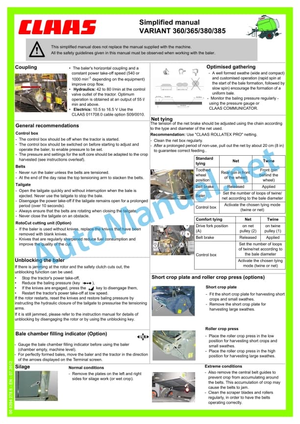Claas Variant 465 460 365 360 Rc Rf (751) Balers Operator Manual EN 6 Claas Variant 465 460 365 360 Rc Rf (751) Balers Operator Manual EN - Image 6