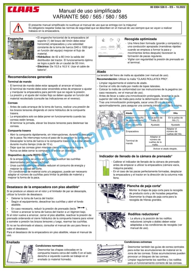Claas Variant 565-560 (J14) Baler Operator Manual ES 3 Claas Variant 565-560 (J14) Baler Operator Manual ES - Image 3
