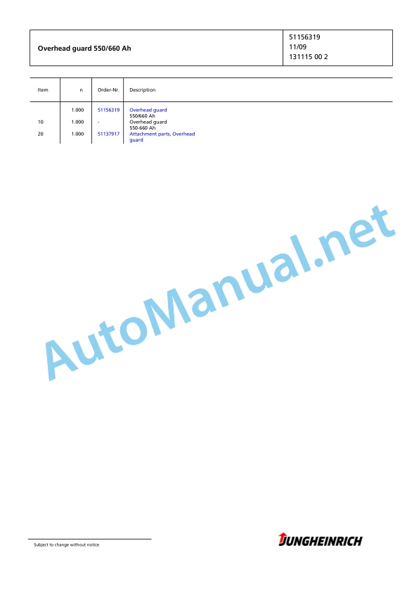 Jungheinrich Forklift EFG 216k GE110-600DZ Spare Parts Manual FN423166 2 Jungheinrich Forklift EFG 216k GE110-600DZ Spare Parts Manual FN423166 - Image 2