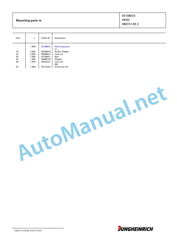 Jungheinrich Forklift EFG 425k GE115-500DZ Spare Parts Manual FN423919 2 Jungheinrich Forklift EFG 425k GE115-500DZ Spare Parts Manual FN423919 - Image 2