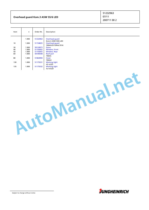 Jungheinrich Forklift EFG 430 G180-450ZT Spare Parts Manual FN426409 3 Jungheinrich Forklift EFG 430 G180-450ZT Spare Parts Manual FN426409 - Image 3