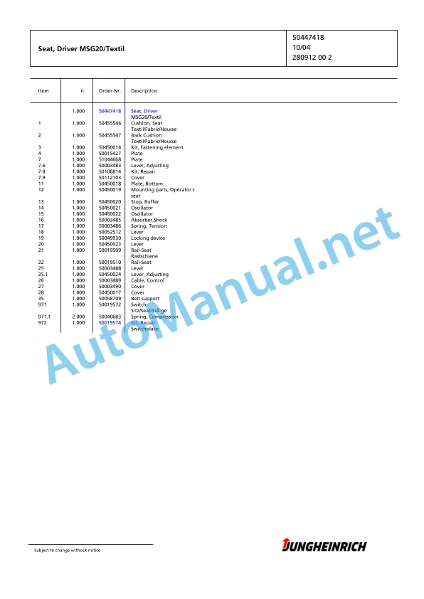 Jungheinrich Forklift EFX 413 X+I 120 575 ZT Spare Parts Manual FN424381 2 Jungheinrich Forklift EFX 413 X+I 120 575 ZT Spare Parts Manual FN424381 - Image 2