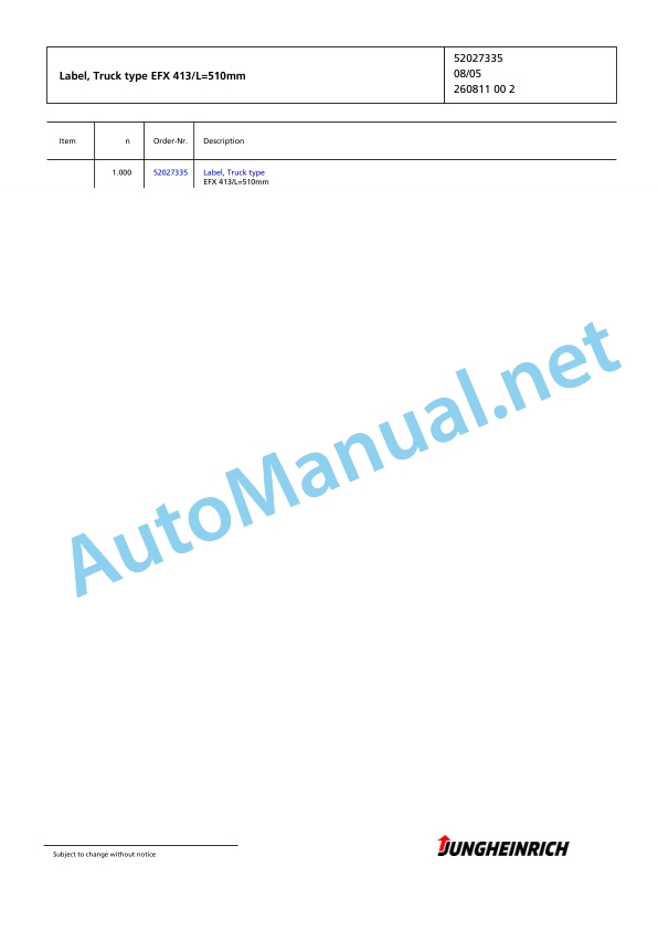 Jungheinrich Forklift EFX 413 X+S 119 700 DZ Spare Parts Manual FN424553 2 Jungheinrich Forklift EFX 413 X+S 119 700 DZ Spare Parts Manual FN424553 - Image 2