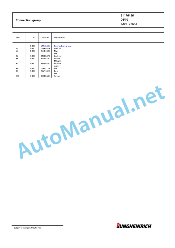 Jungheinrich Forklift EKS 308 L+I 120 650 ZT Spare Parts Manual FN423606 2 Jungheinrich Forklift EKS 308 L+I 120 650 ZT Spare Parts Manual FN423606 - Image 2
