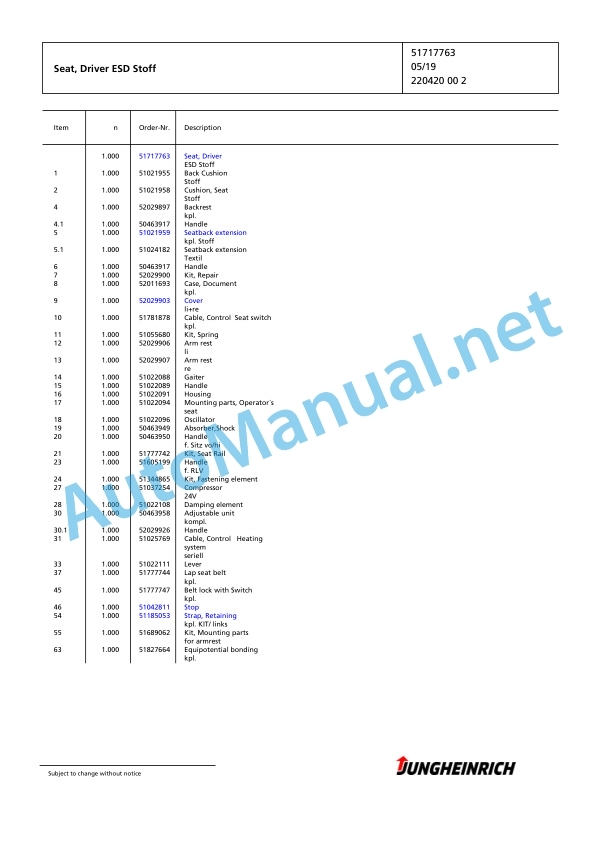 Jungheinrich Forklift ETX 515 T+I 120 800 DZ Spare Parts Manual FN423654 2 Jungheinrich Forklift ETX 515 T+I 120 800 DZ Spare Parts Manual FN423654 - Image 2