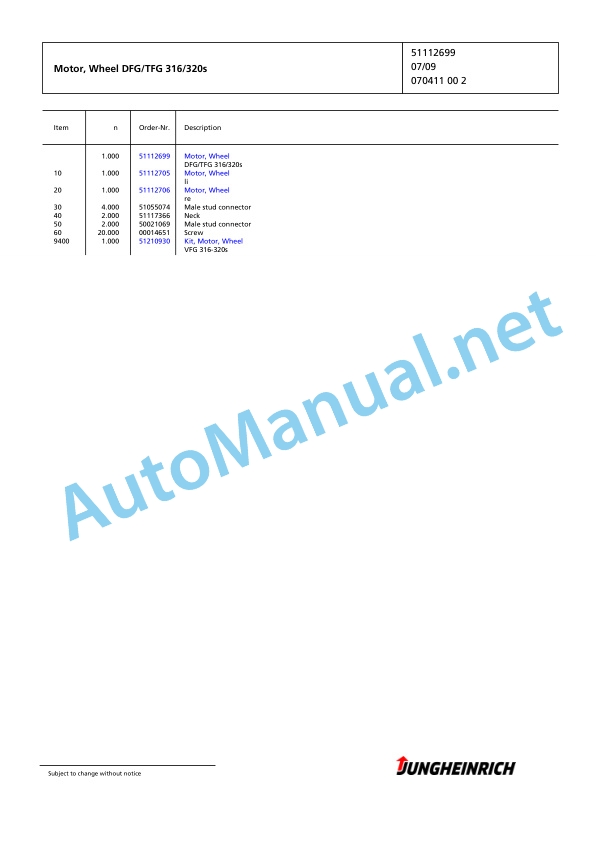 Jungheinrich Forklift TFG 320s GE100-360ZT Spare Parts Manual FN425367 3 Jungheinrich Forklift TFG 320s GE100-360ZT Spare Parts Manual FN425367 - Image 3