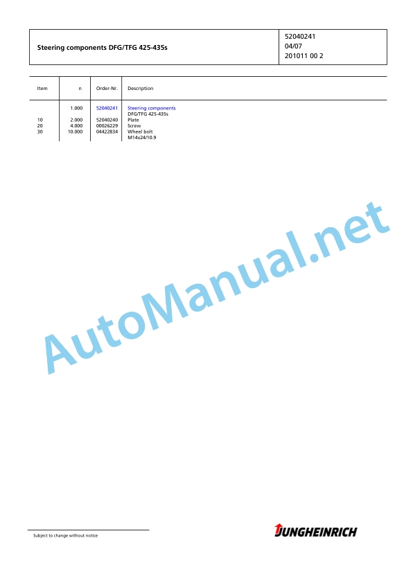 Jungheinrich Forklift TFG 425s GE115-440DZ Spare Parts Manual FN424484 4 Jungheinrich Forklift TFG 425s GE115-440DZ Spare Parts Manual FN424484 - Image 4