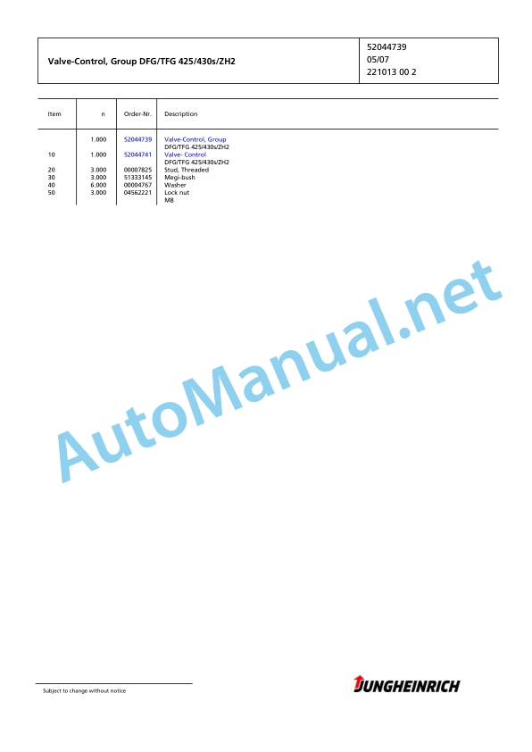 Jungheinrich Forklift TFG 430s GE-550DZ Spare Parts Manual FN425911 5 Jungheinrich Forklift TFG 430s GE-550DZ Spare Parts Manual FN425911 - Image 5