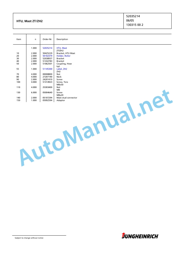 Jungheinrich Forklift TFG 435s GE100-430ZT Spare Parts Manual FN426867 4 Jungheinrich Forklift TFG 435s GE100-430ZT Spare Parts Manual FN426867 - Image 4