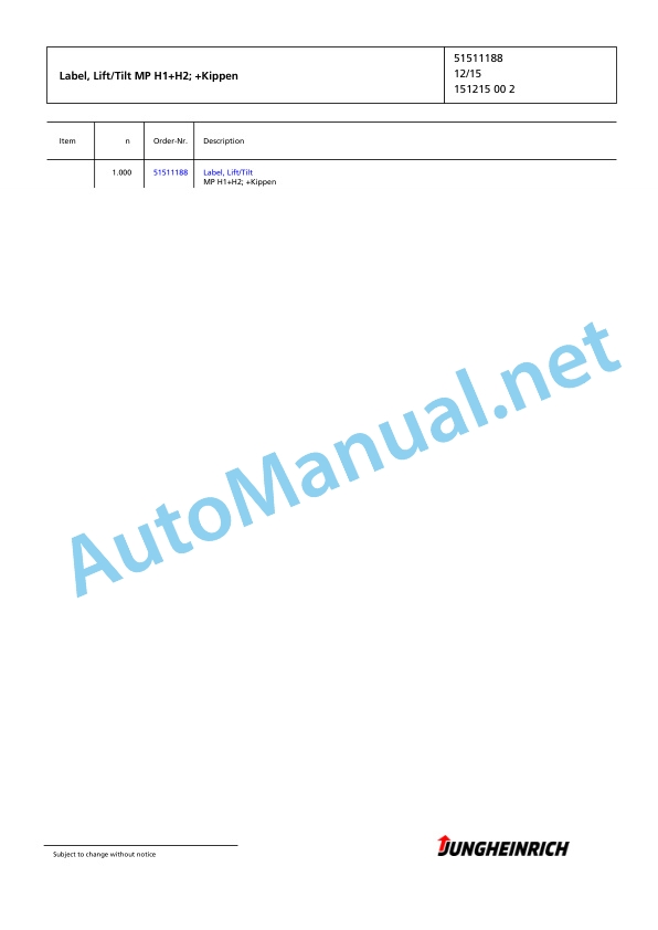 Alternative view of Jungheinrich Forklift TFG 540s G+E-450ZT Spare Parts Manual FN585505