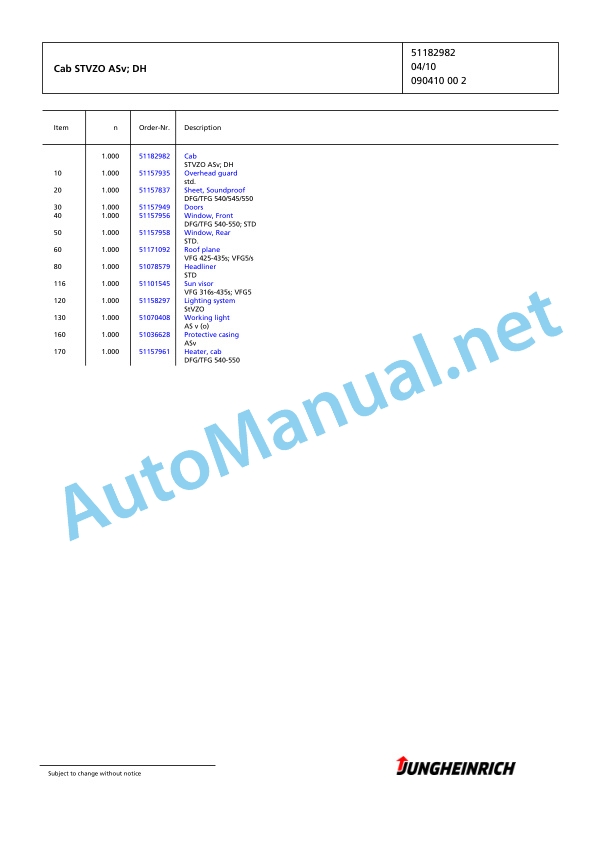 Alternative view of Jungheinrich Forklift TFG 550 G+E120-555DZ Spare Parts Manual FN426553