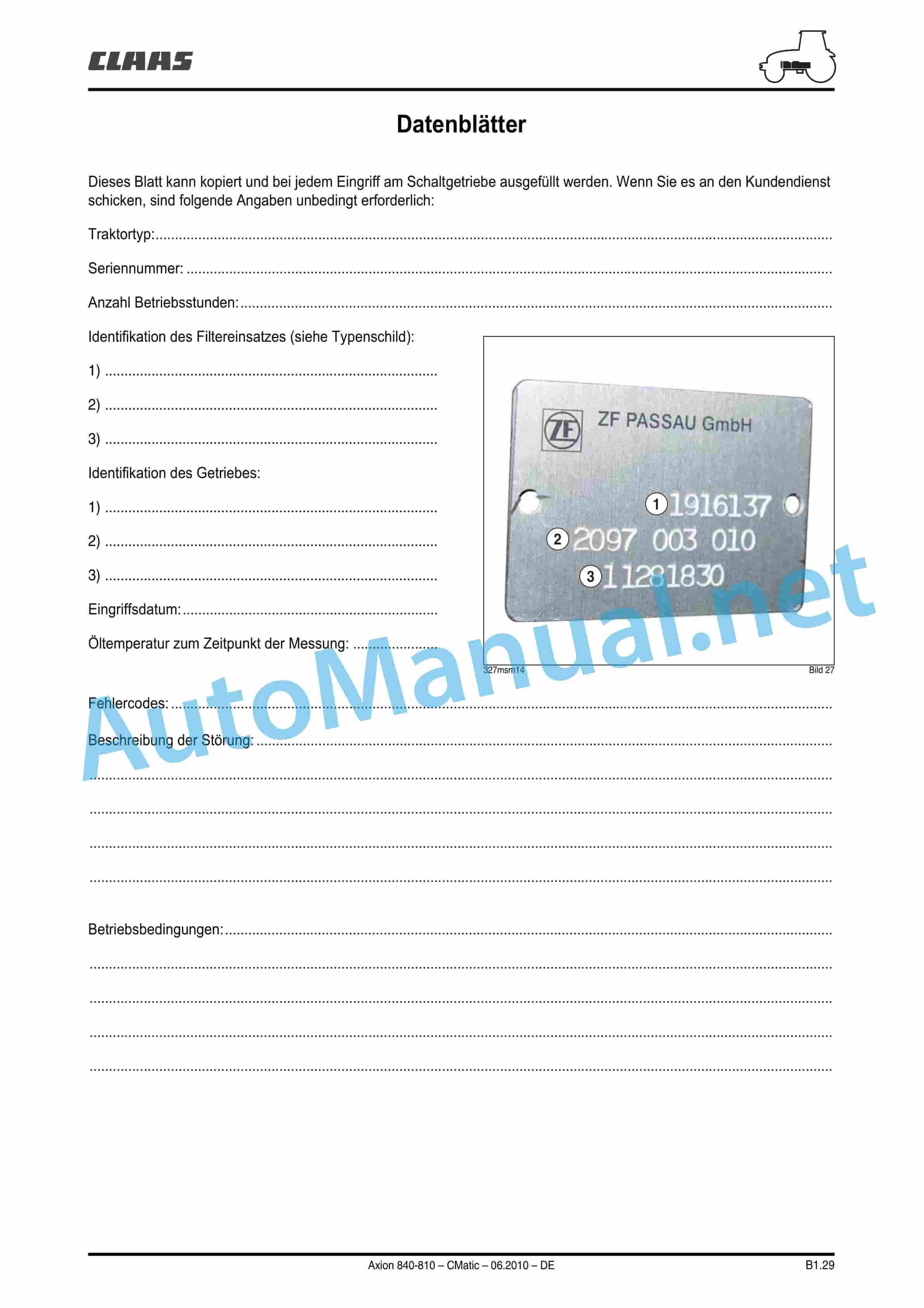 Claas AXION 840-810 CMATIC (A31) Tractor Repair Manual DE 1 Claas AXION 840-810 CMATIC (A31) Tractor Repair Manual DE
