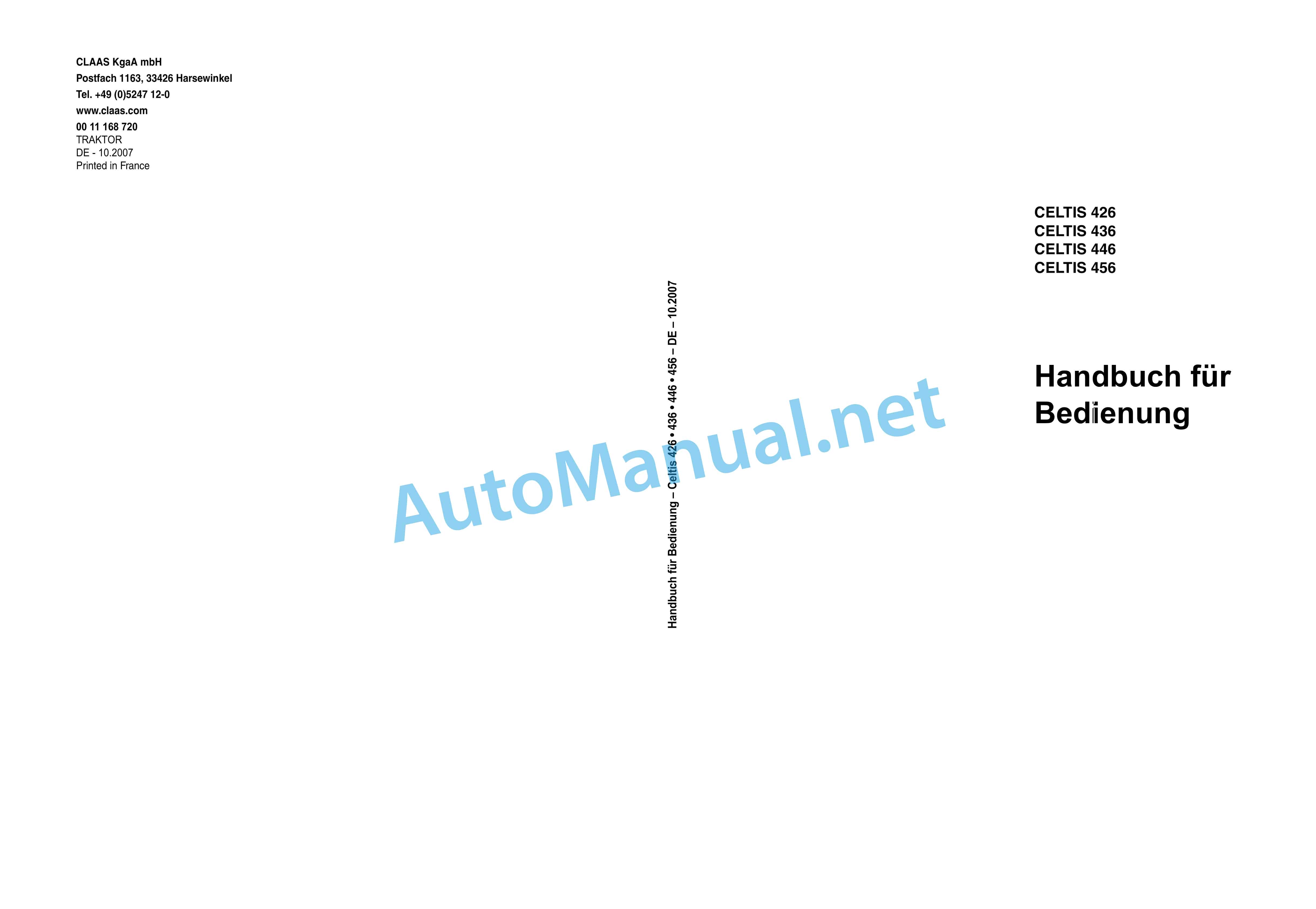 Claas CELTIS 456-426 RX, RC, RA (A07) Tractor Operator Manual DE