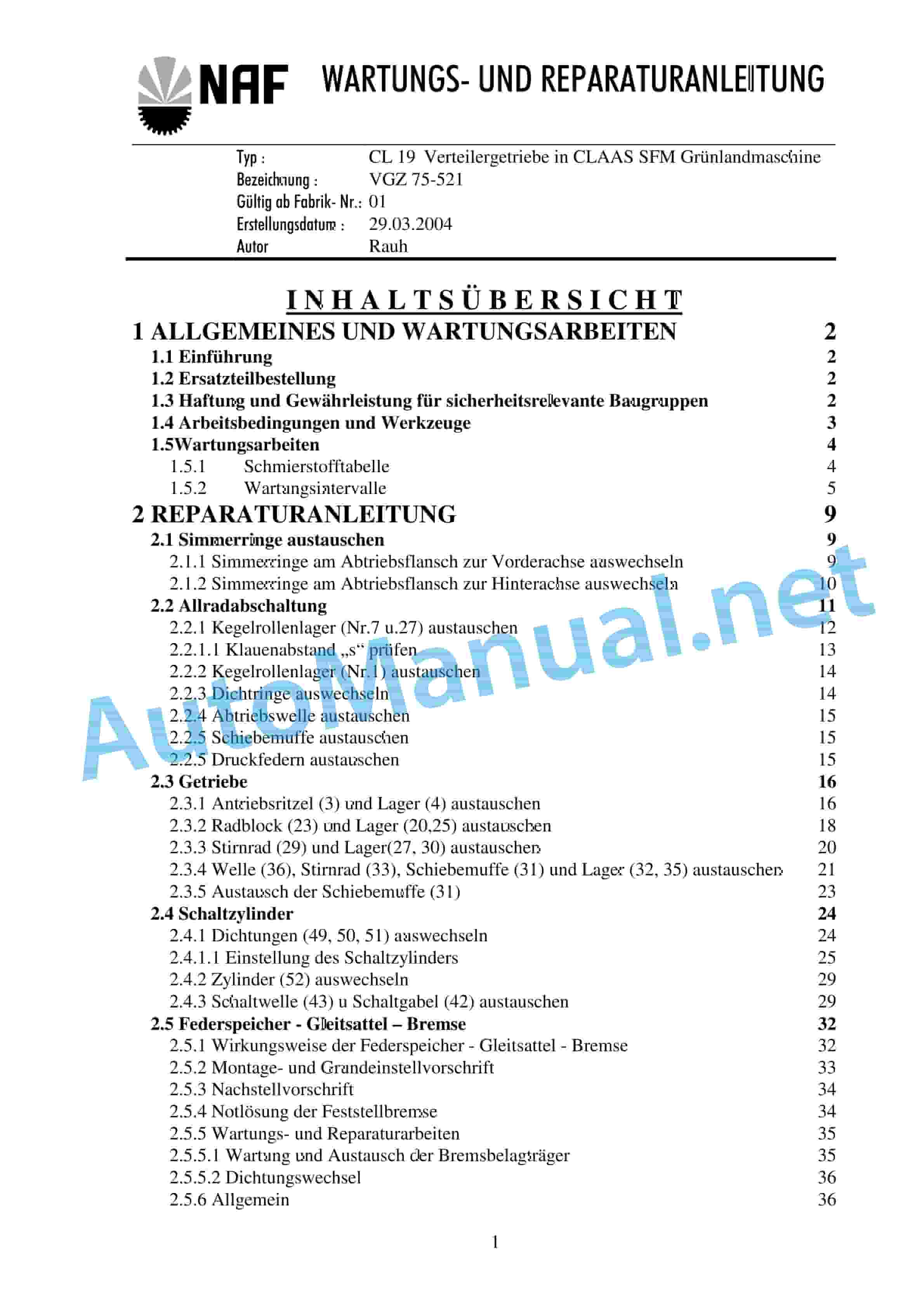 Claas COUGAR (789) Mowers Repair Manual DE 4 Claas COUGAR (789) Mowers Repair Manual DE - Image 4