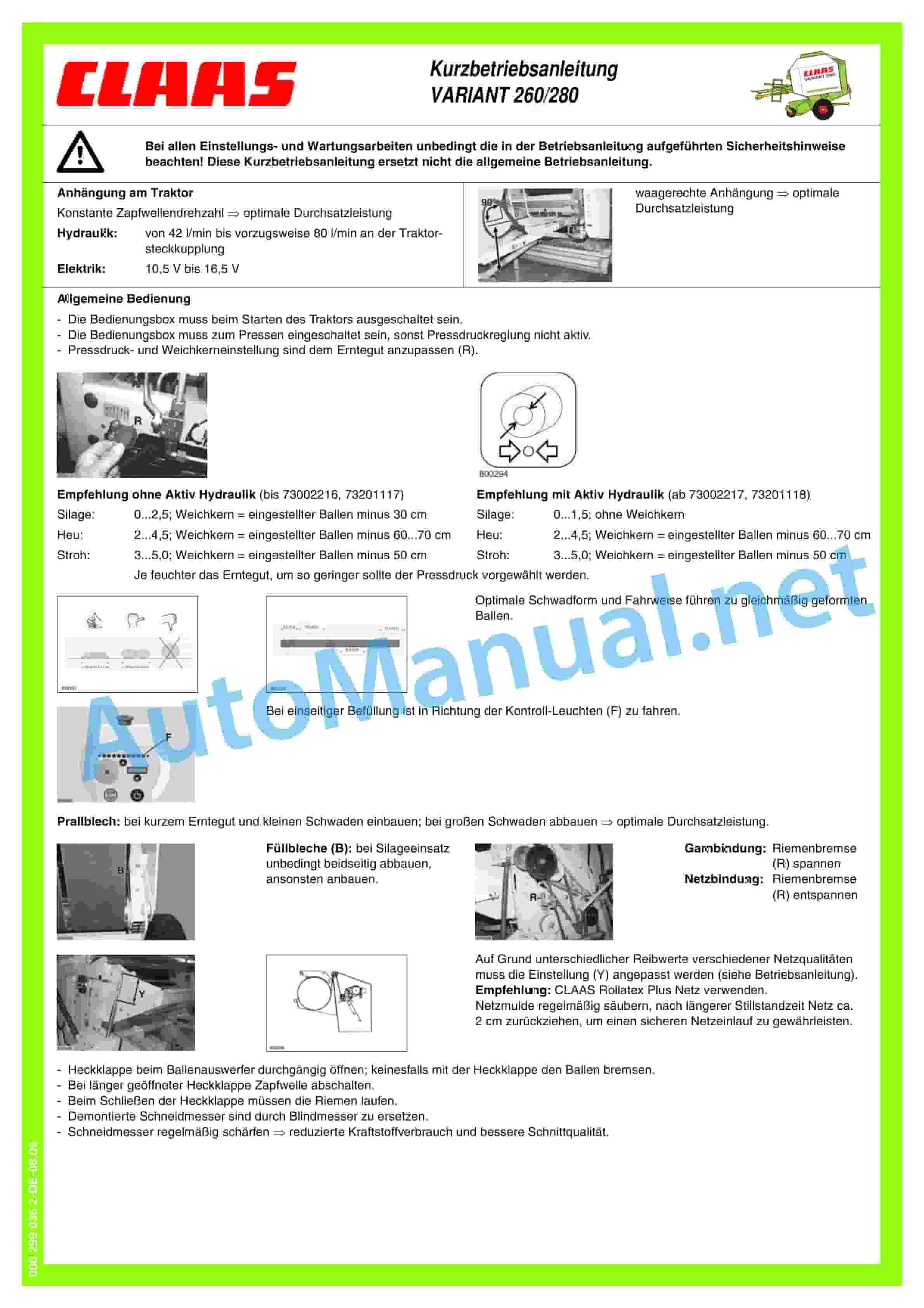 Alternative view of Claas VARIANT 280 RC (730) Baler Operator Manual DE