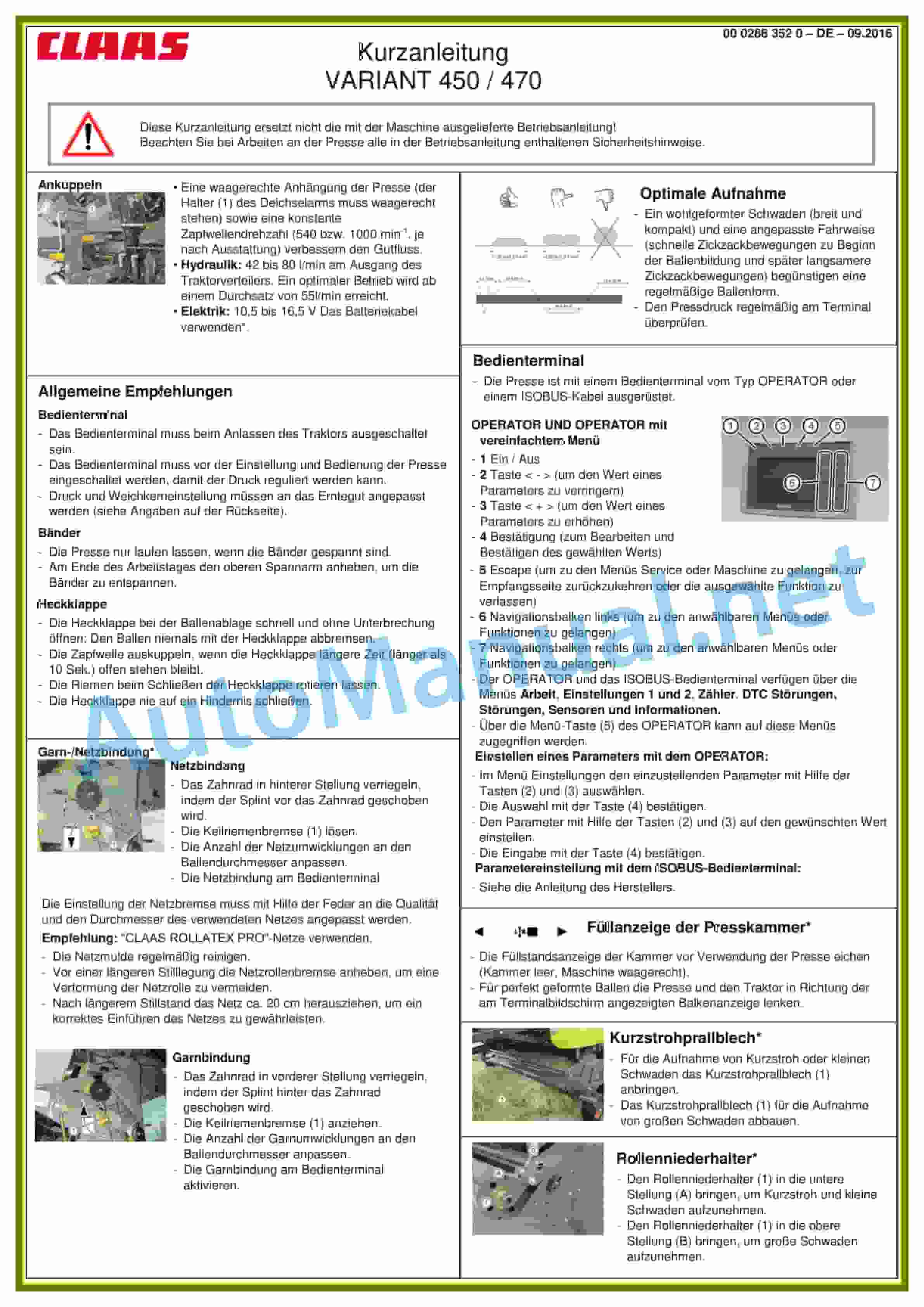Alternative view of Claas VARIANT 350 (770) Baler Operator Manual DE