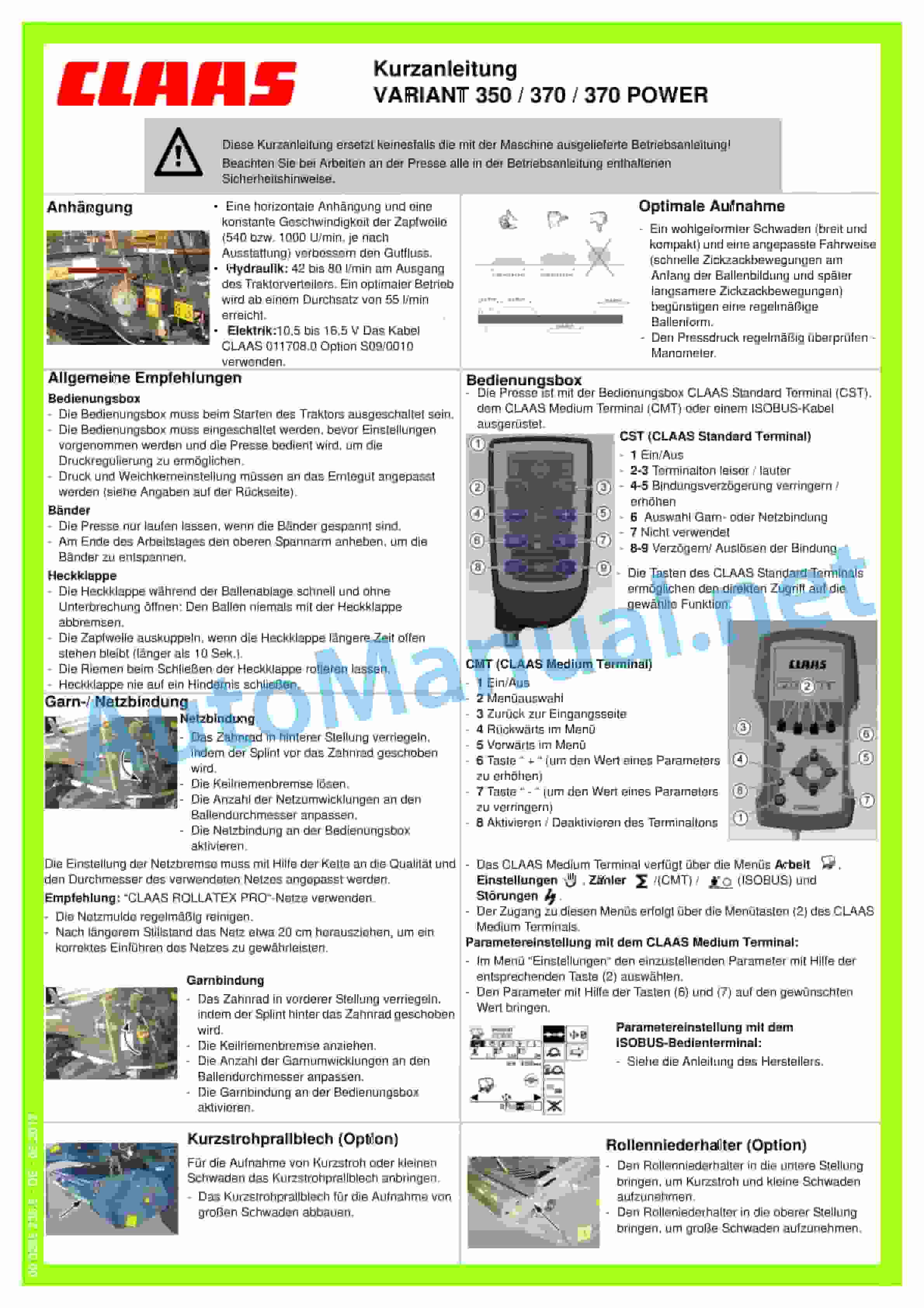 Claas VARIANT 350 (770) Baler Operator Manual DE 5 Claas VARIANT 350 (770) Baler Operator Manual DE - Image 5