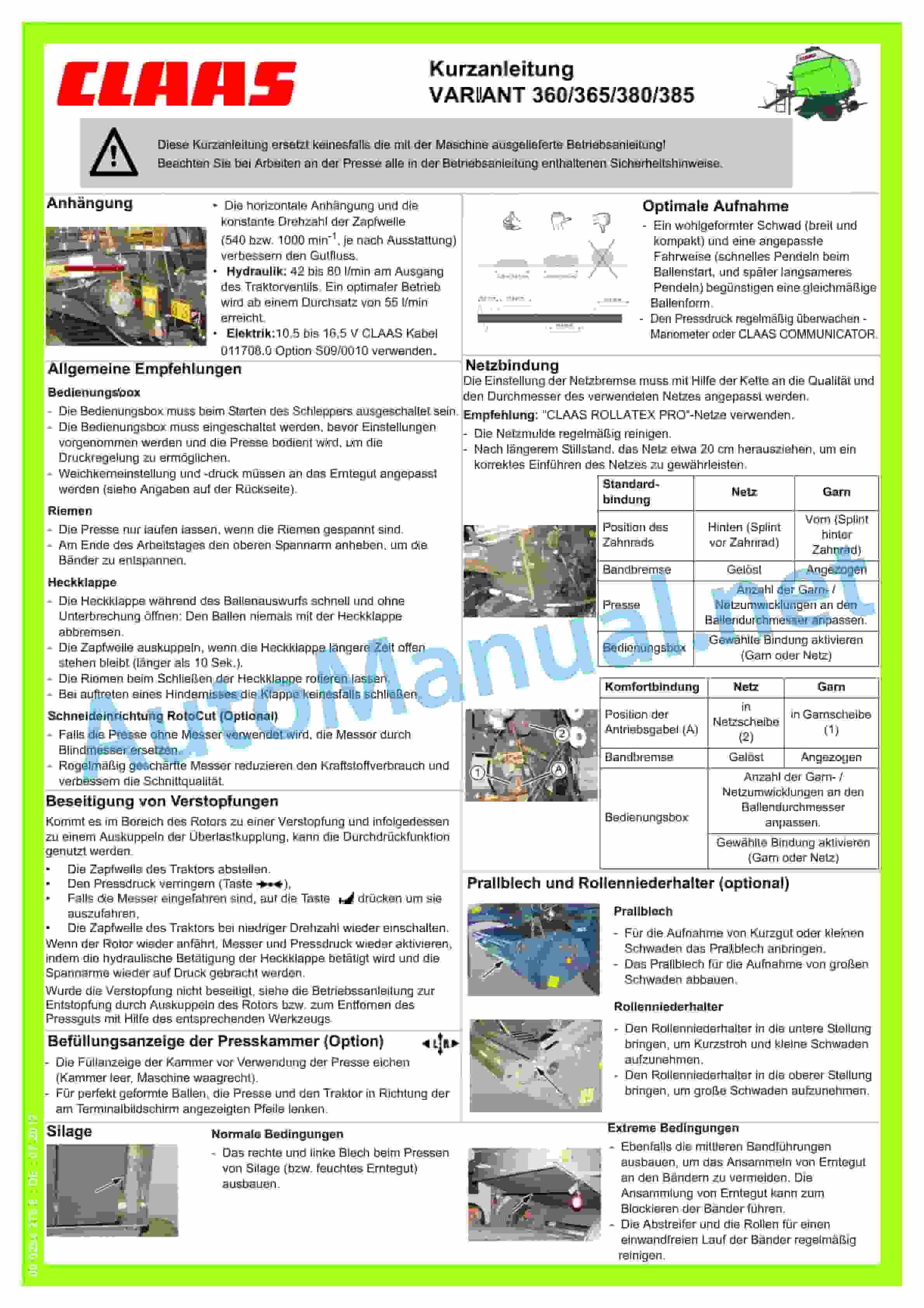 Alternative view of Claas VARIANT 485 480 385 380 RC RF (752) Baler Operator Manual DE