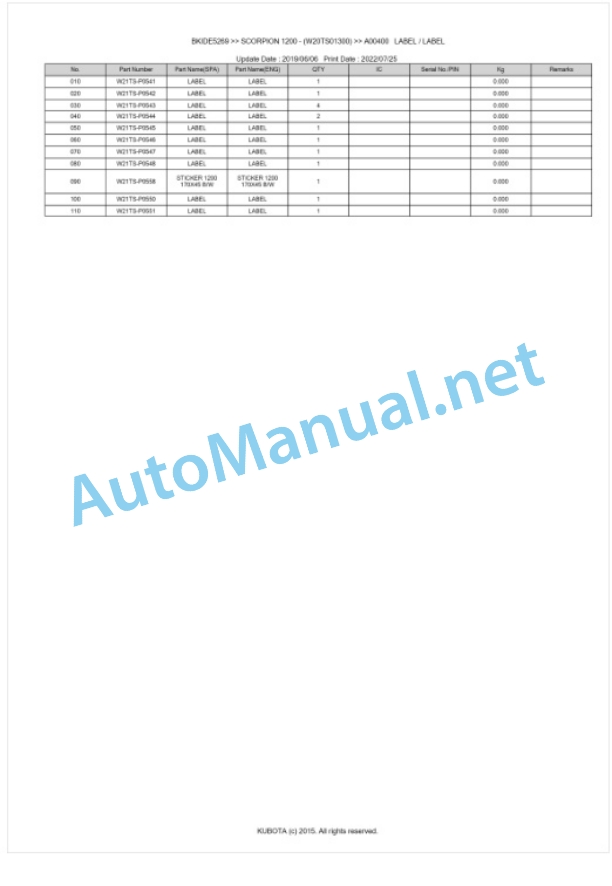 Kubota 1200 SCORPION Parts Manual PDF BKIDE5269 5 Kubota 1200 SCORPION Parts Manual PDF BKIDE5269-5