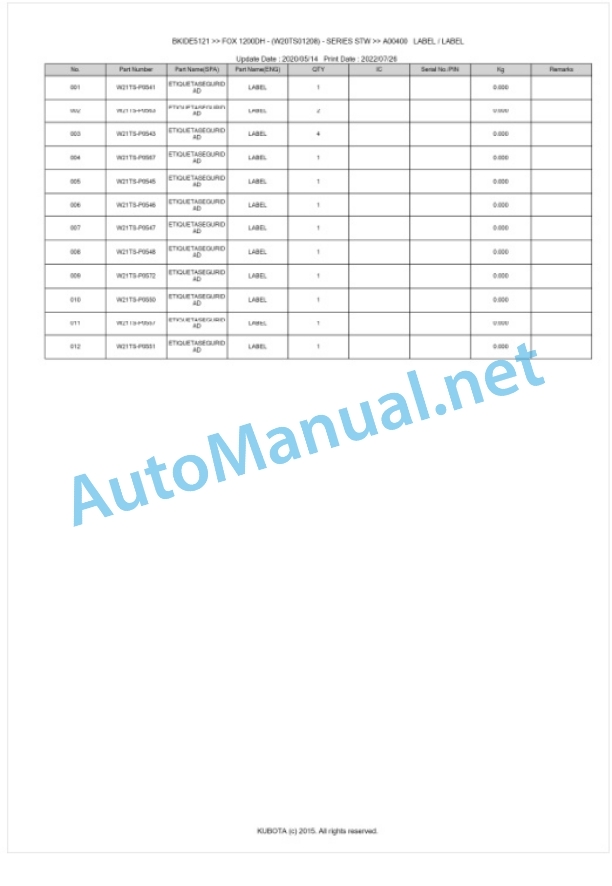 Kubota 1200DH SERIES STW FOX Parts Manual PDF BIKDE5121 5 Kubota 1200DH SERIES STW FOX Parts Manual PDF BIKDE5121-5
