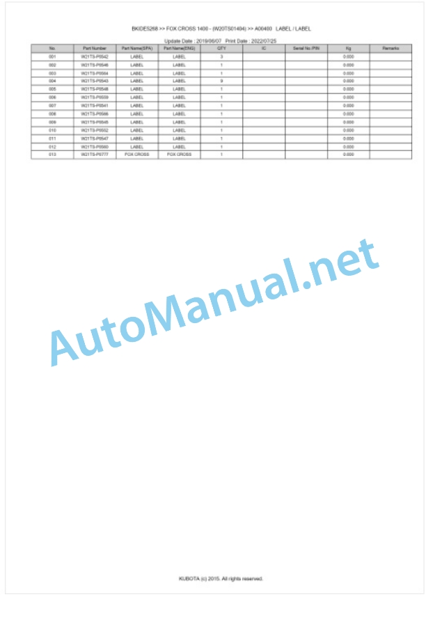 Kubota 1400 FOX CROSS Parts Manual PDF BIKDE5268 5 Kubota 1400 FOX CROSS Parts Manual PDF BIKDE5268-5