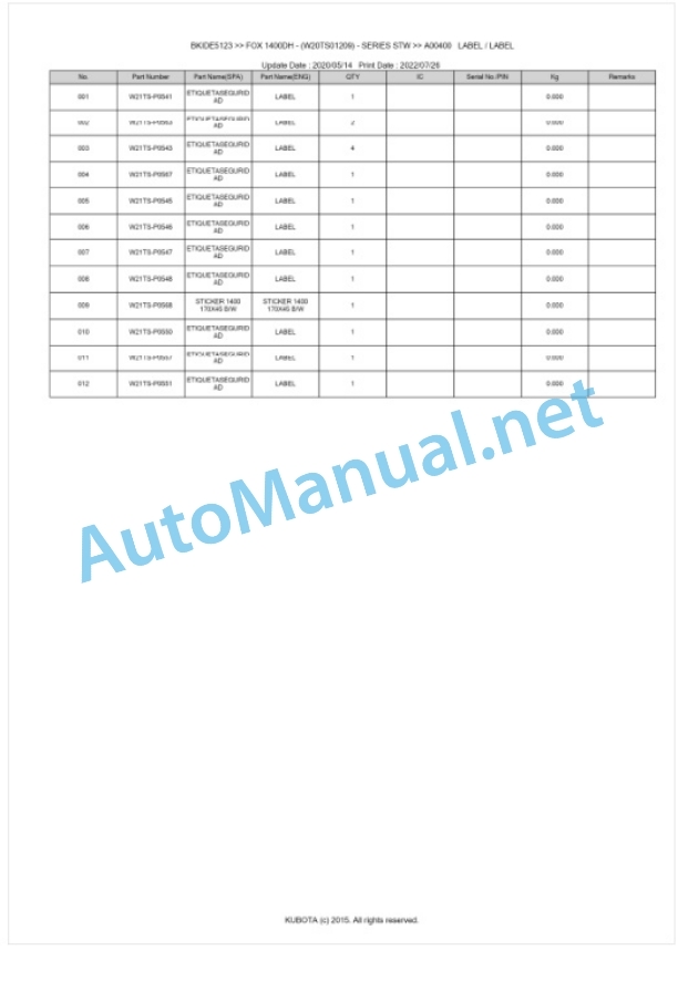 Kubota 1400DH SERIES STW FOX Parts Manual PDF BIKDE5123-5