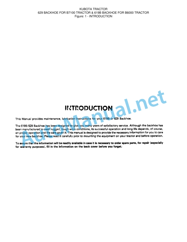 Kubota 629, 619B Backhoe Parts Manual PDF
