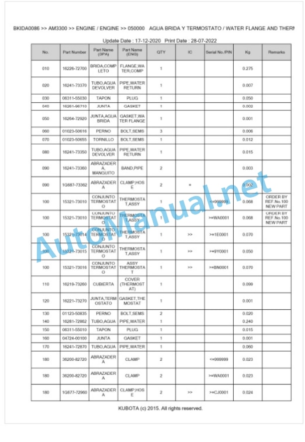 Kubota AM3300 Parts Manual PDF BKIDA0086-2