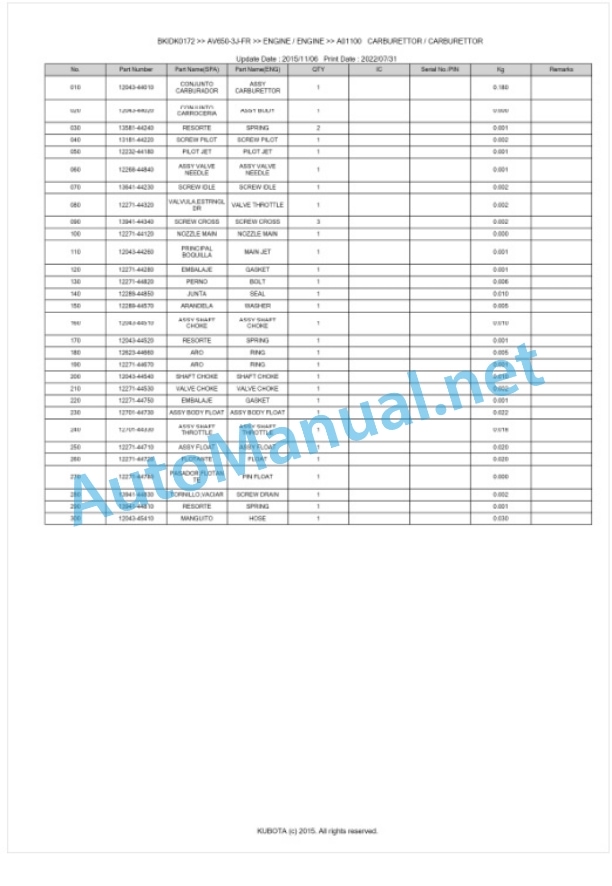 Kubota AV650-3J-FR Parts Manual PDF BKIDK0172 4 Kubota AV650-3J-FR Parts Manual PDF BKIDK0172-4