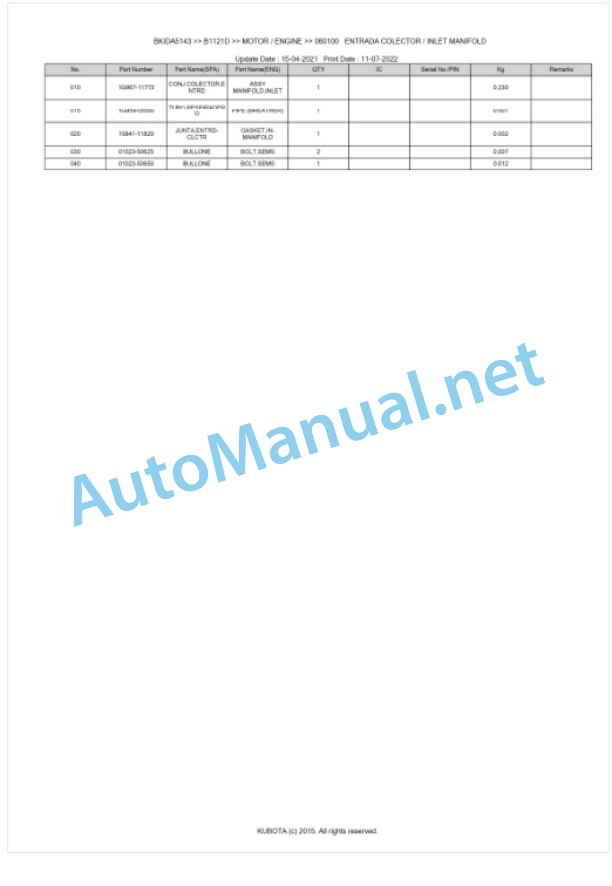 Kubota B1121D Tractor Parts Manual PDF BKIDA5143-2