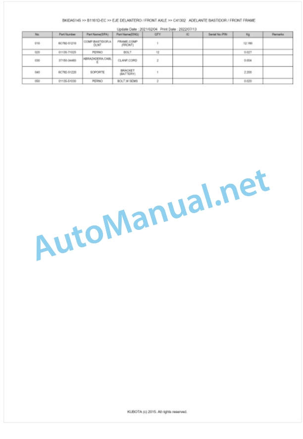 Kubota B1161D-EC Tractor Parts Manual PDF BKIDA5145-3