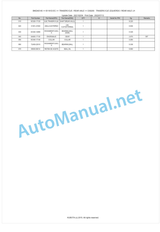 Kubota B1161D-EC Tractor Parts Manual PDF BKIDA5145-4