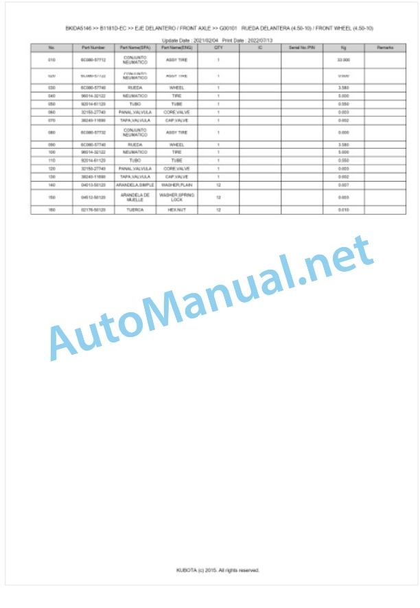 Kubota B1181D-EC Tractor Parts Manual PDF BKIDA5146-3