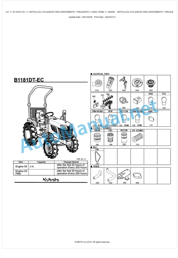Kubota B1181DT-EC Tractor Parts Manual PDF BKIDA5147