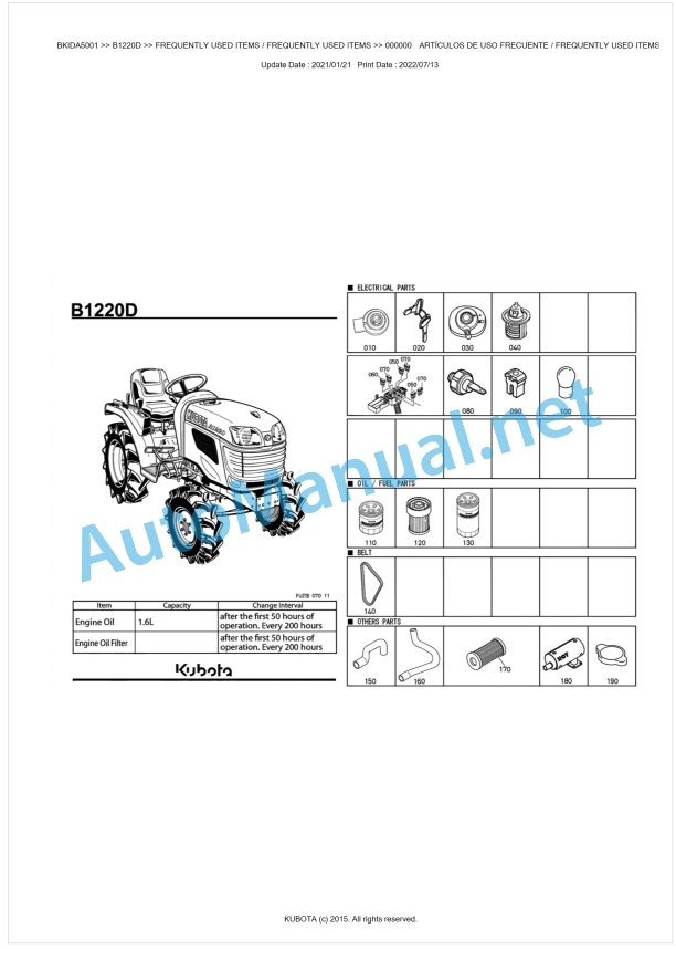 Kubota B1220D Tractor Parts Manual PDF BKIDA5001