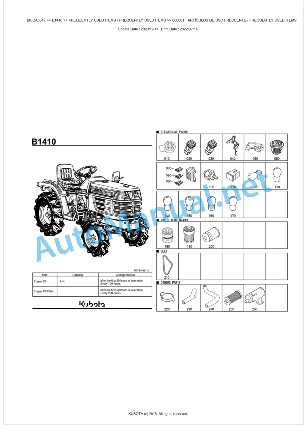 Kubota B1410 Tractor Parts Manual PDF BKIDA0047