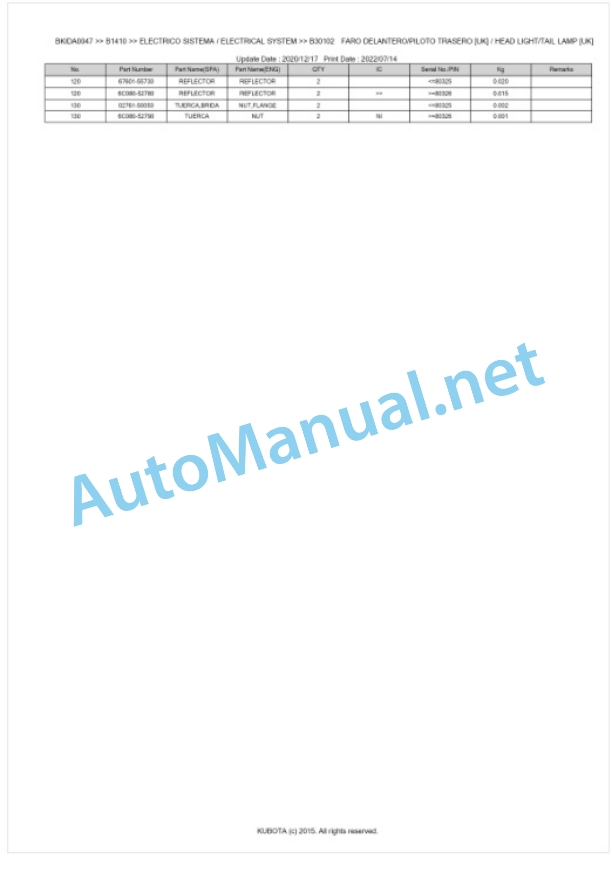 Kubota B1410 Tractor Parts Manual PDF BKIDA0047-3