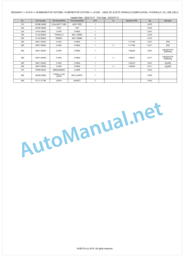 Kubota B1410 Tractor Parts Manual PDF BKIDA0047-5